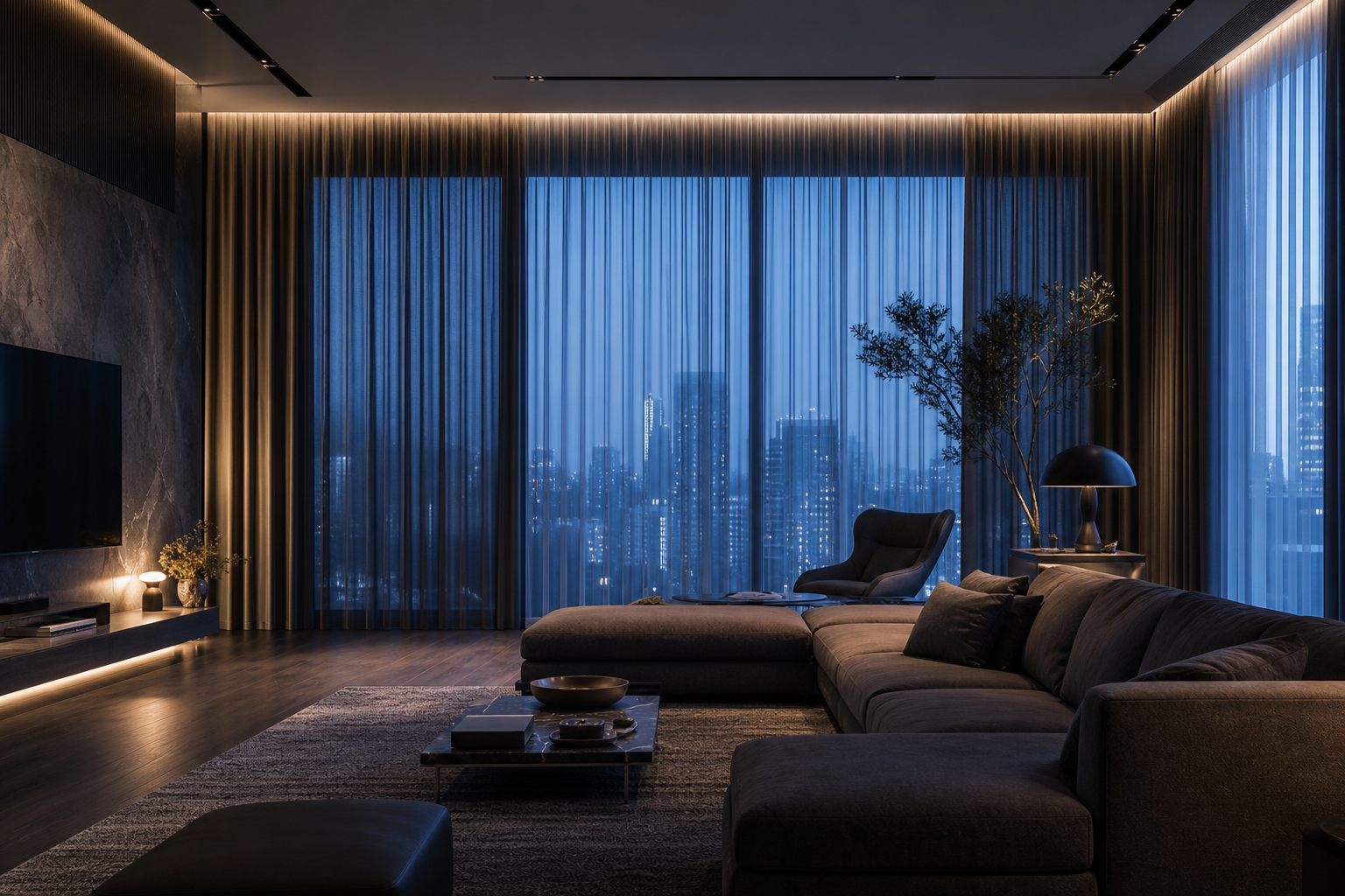 VAJRA curtain motors in penthouse living room