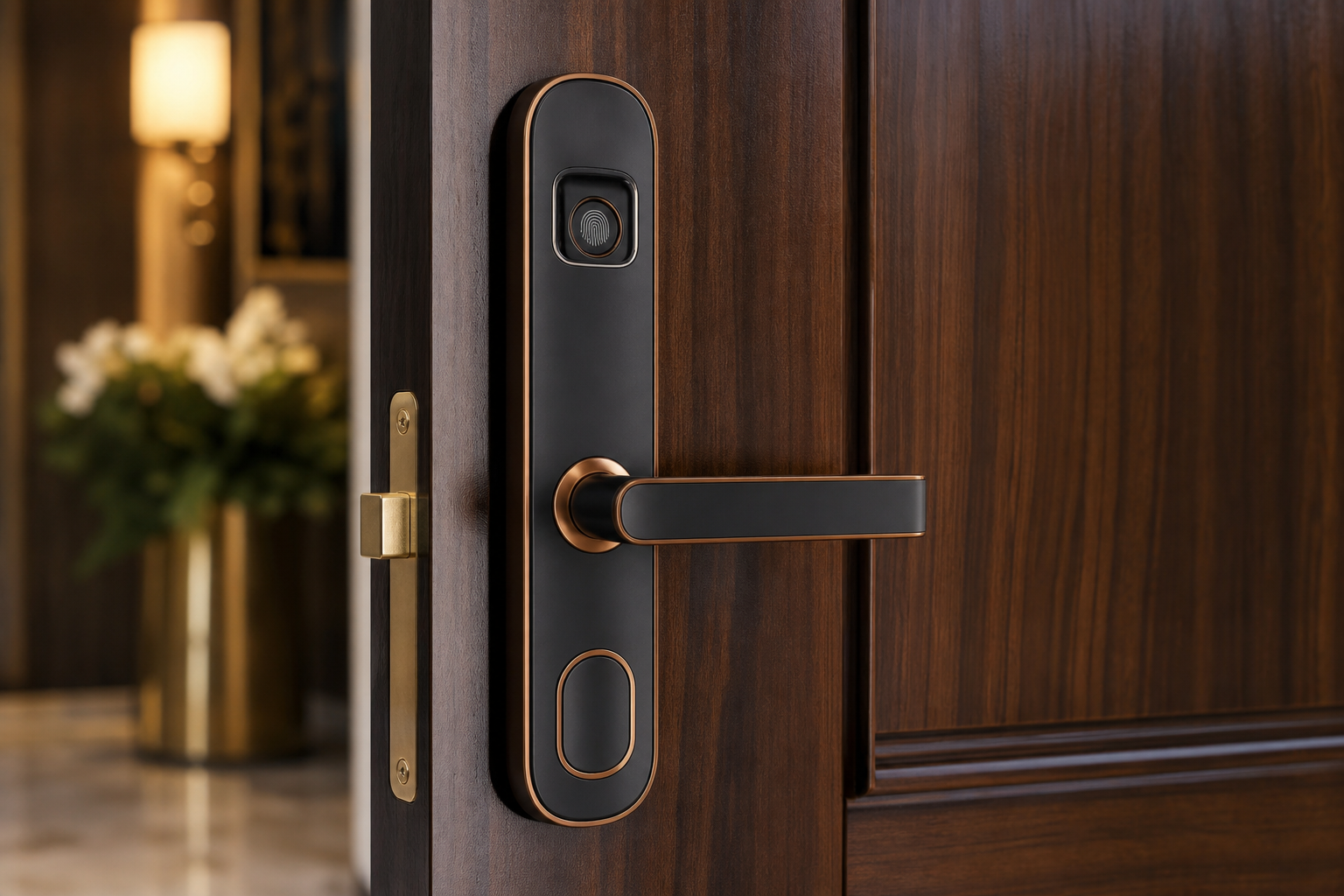 VAJRA fingerprint smart lock on wooden door